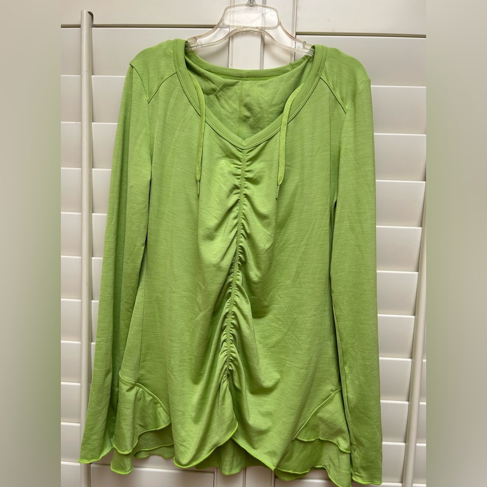 Calvin Klein long sleeve with hoodie, cute ruffle hem, tunic length, size M
